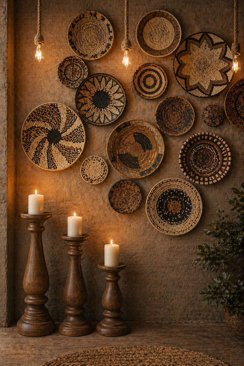 Wall with baskets and 3 Lema candles