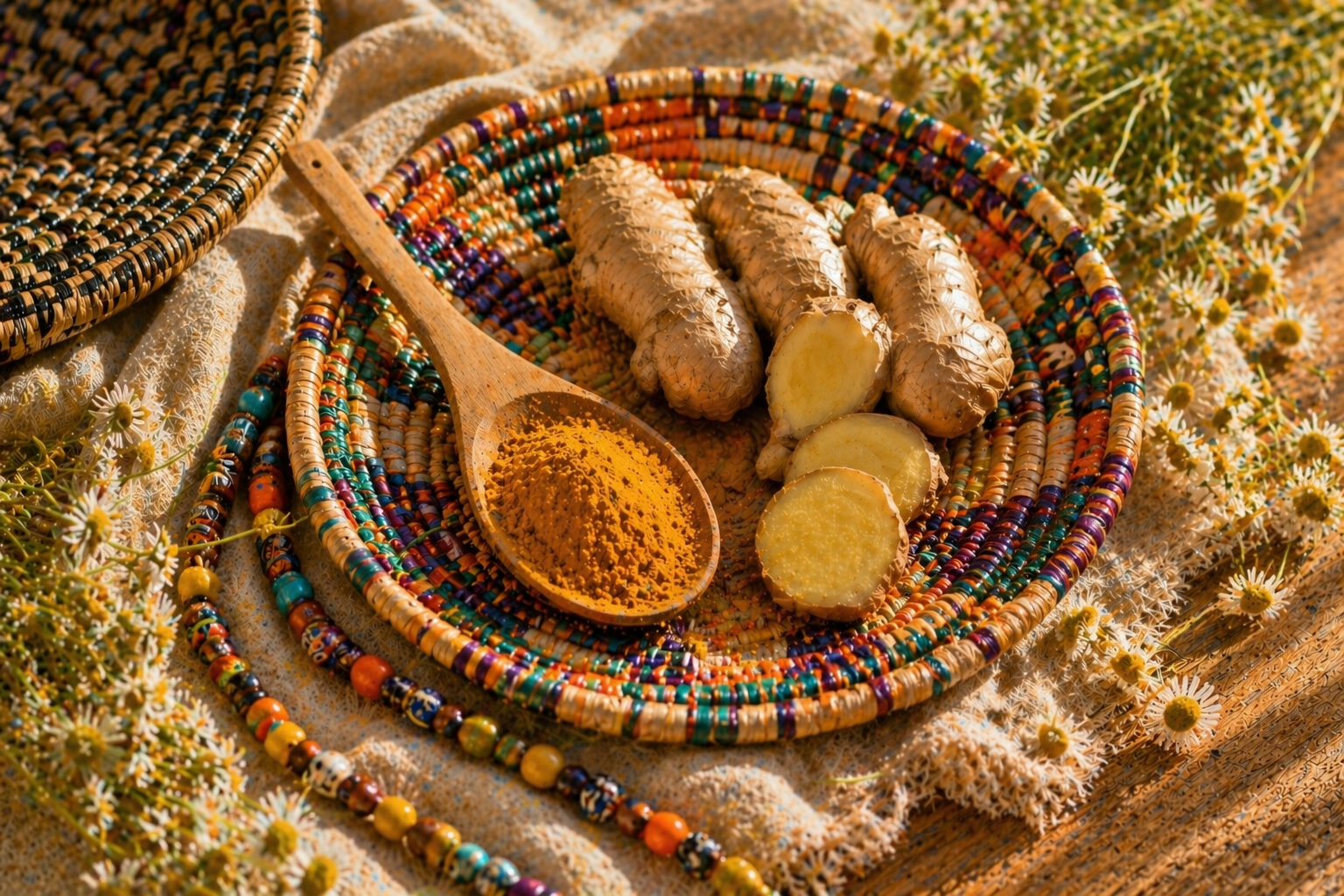 Colourful basket with turmeric and ginger